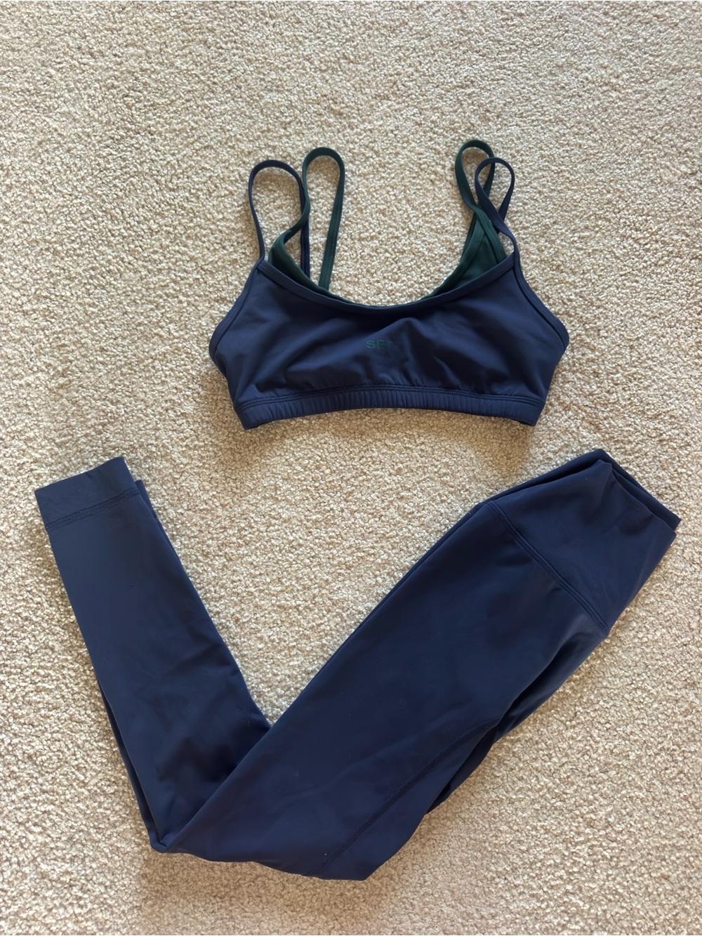 SET Active Navy Blue/Green Double-Strap Bralette and Leggings Set